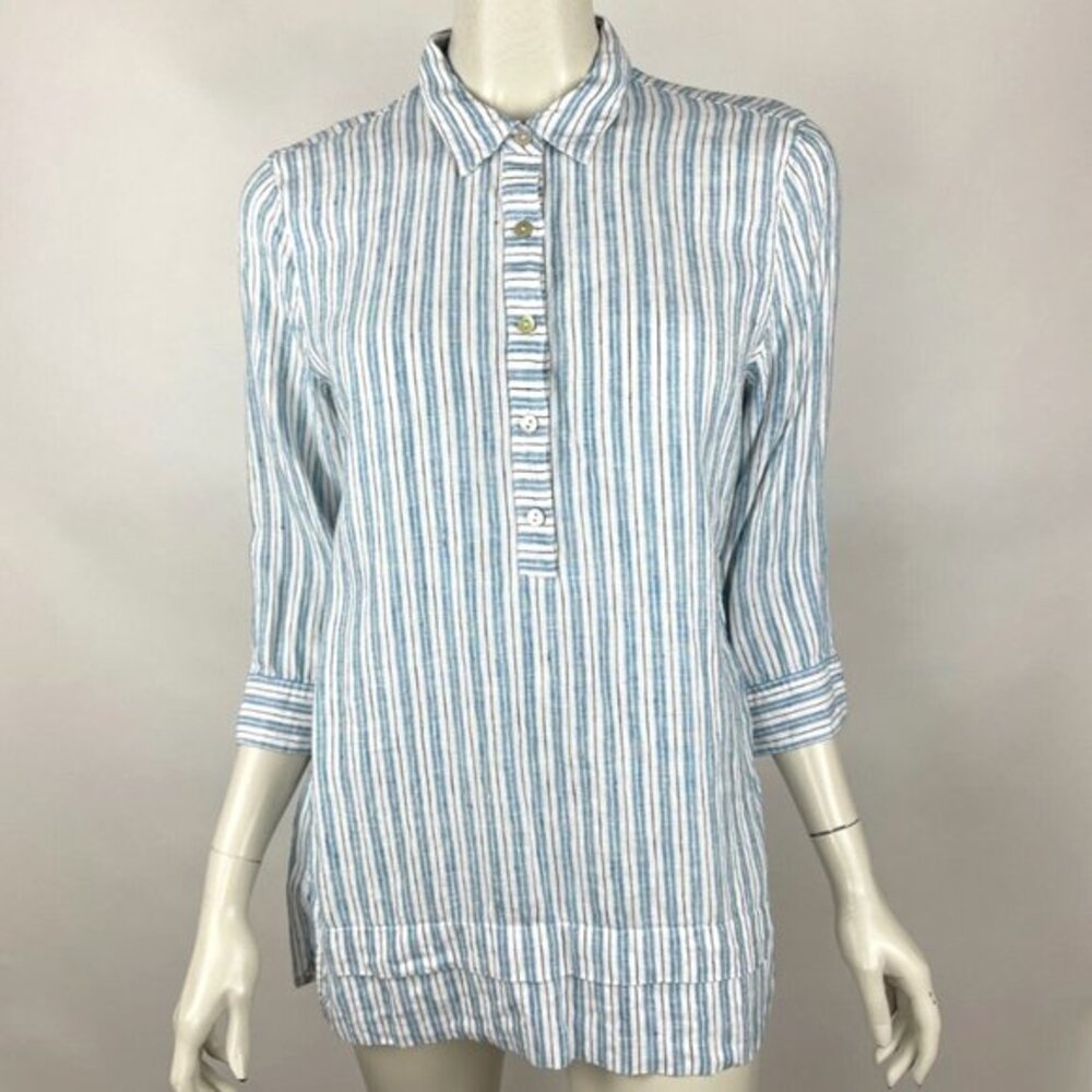 J Jill Linen Striped Shirt Women S Popover 3/4 Sleeve Collared Tunic Top Blue